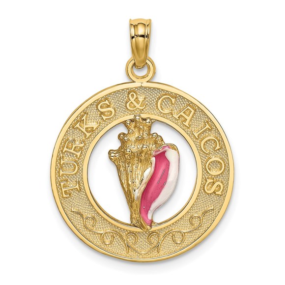 14k Yellow Gold Travel Enameled TURKS & CAICOS Conch Shell Circle Charm Pendant - Picture 1 of 4